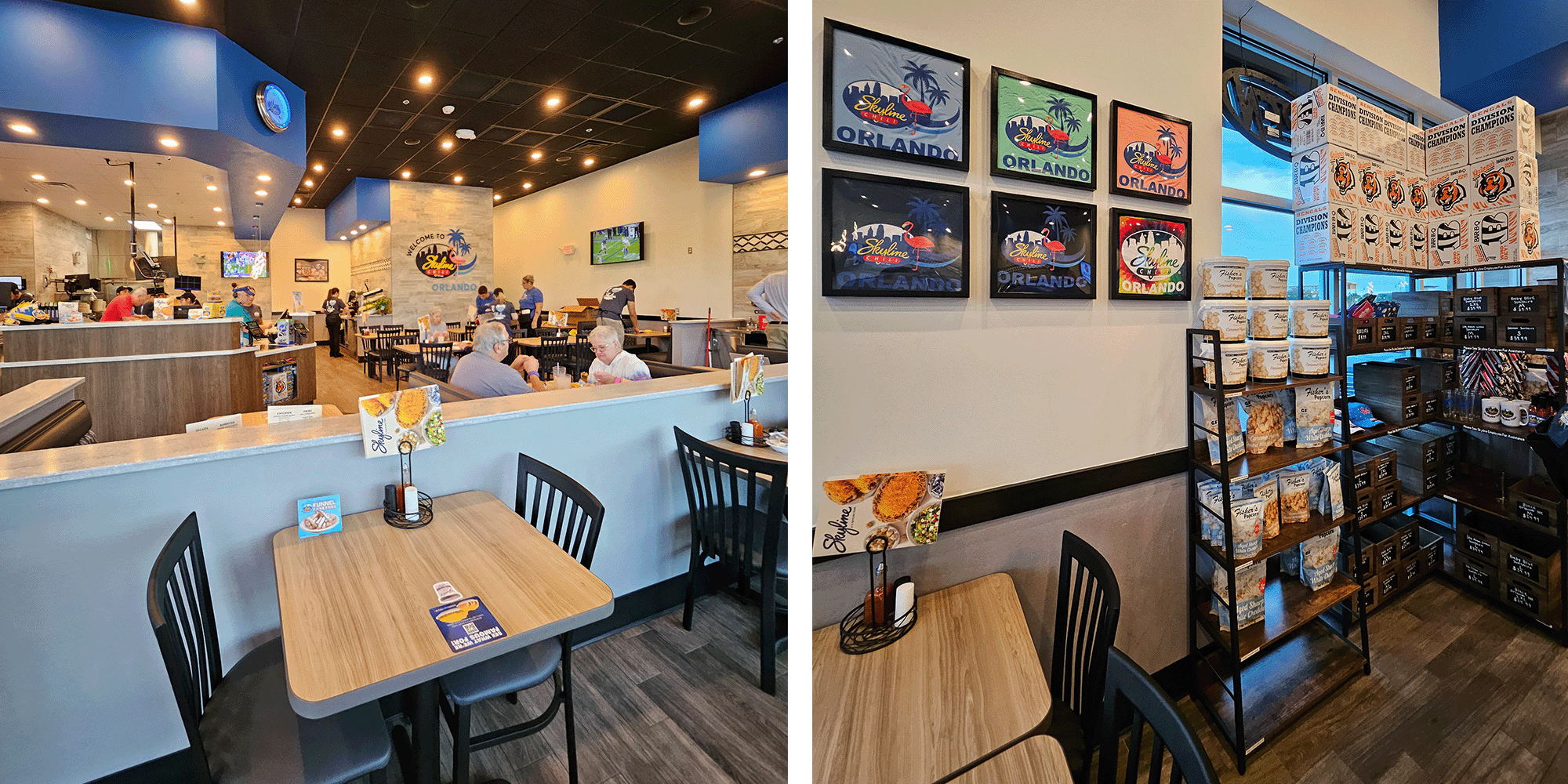 two images with inside of restaurant and merchandise with logo